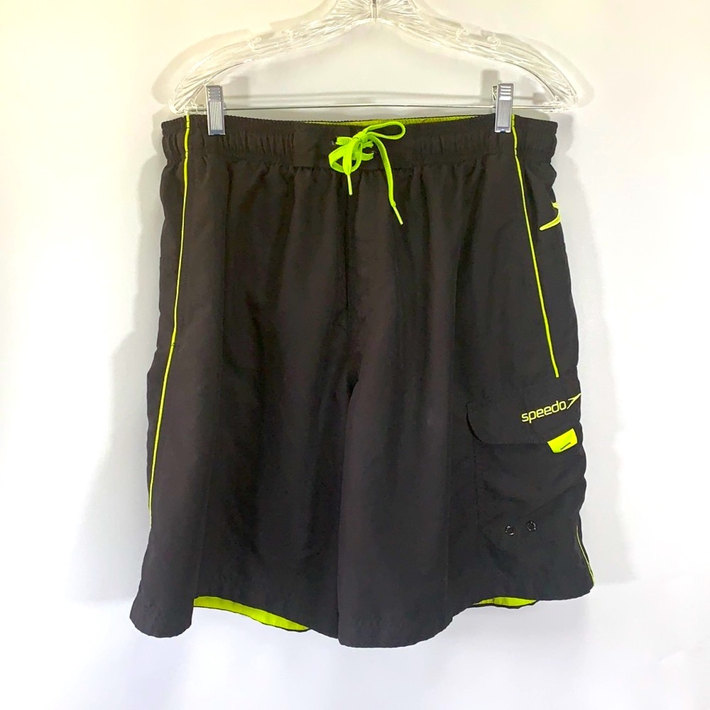 Speedo Quick Dry Elastic Waist Men’s Size XL Black Yellow Swimsuit Board Shorts